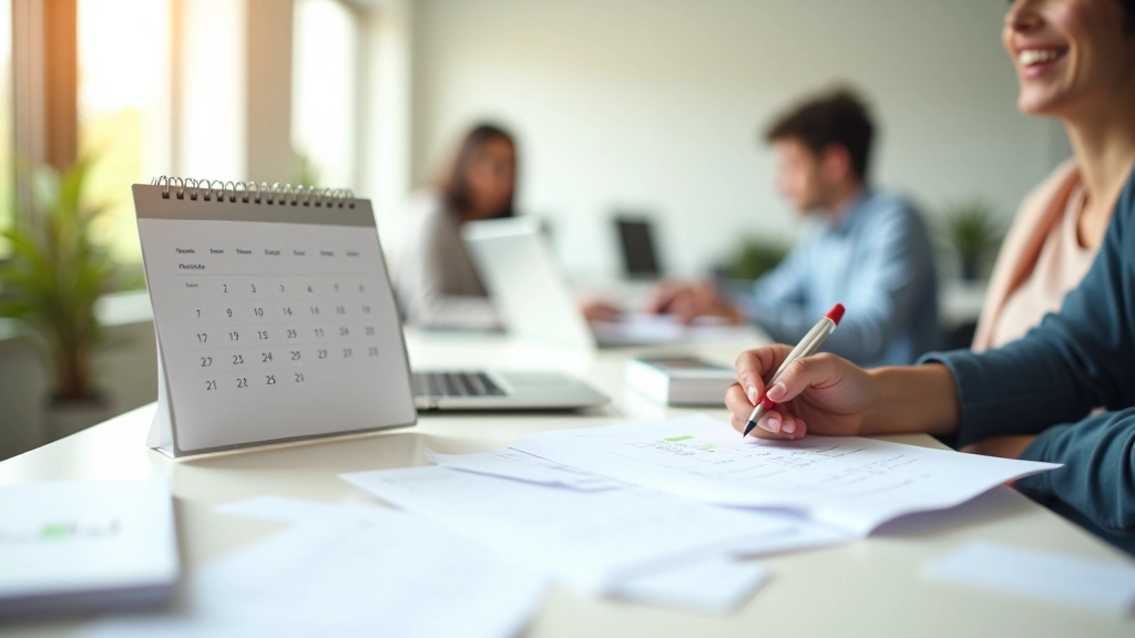 Bureau de travail moderne avec calendrier et matériel de formation, lumière naturelle